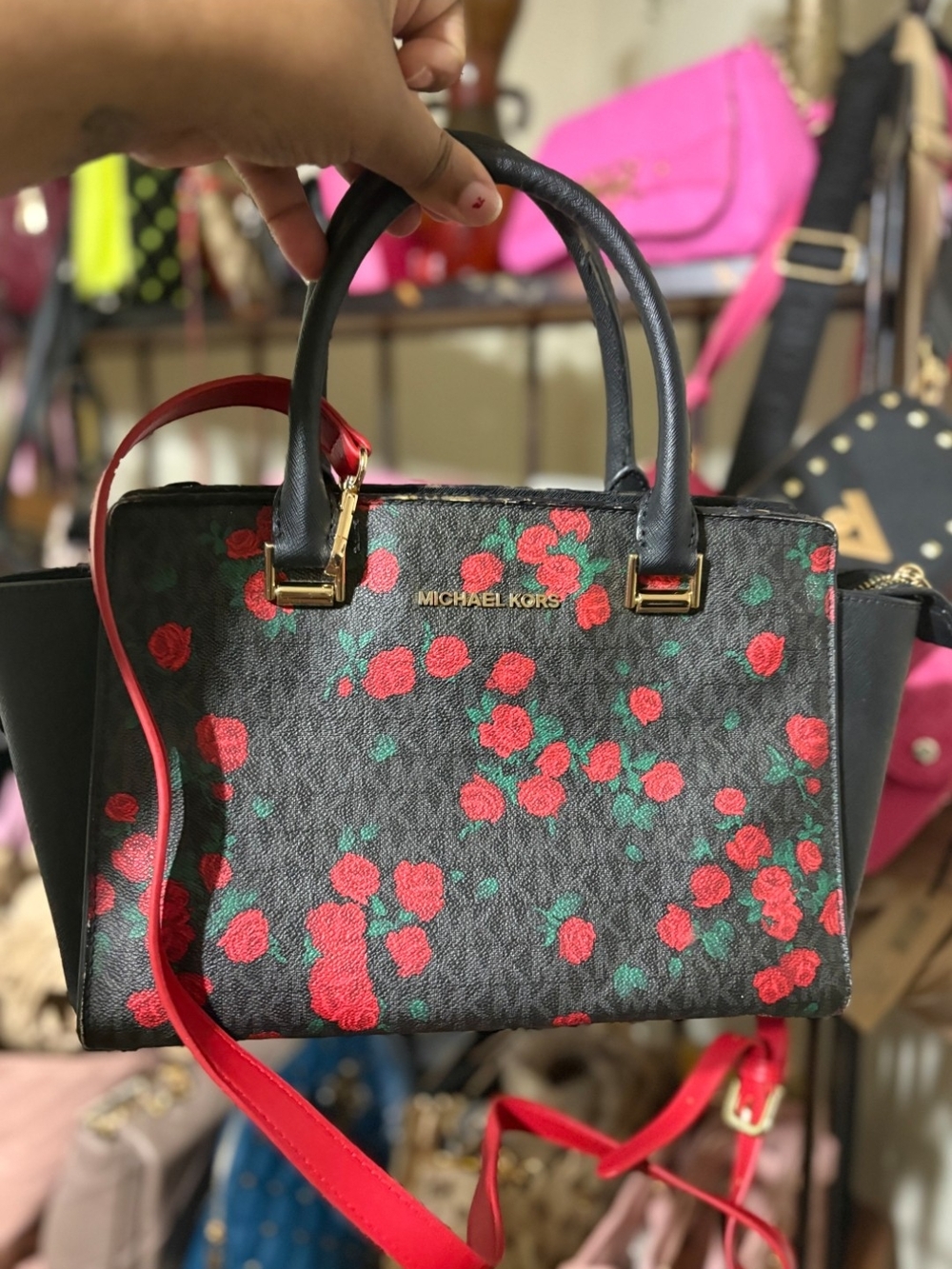 Michael Kors Black Floral-Print Leather Satchel with Red Accents - PROJECT